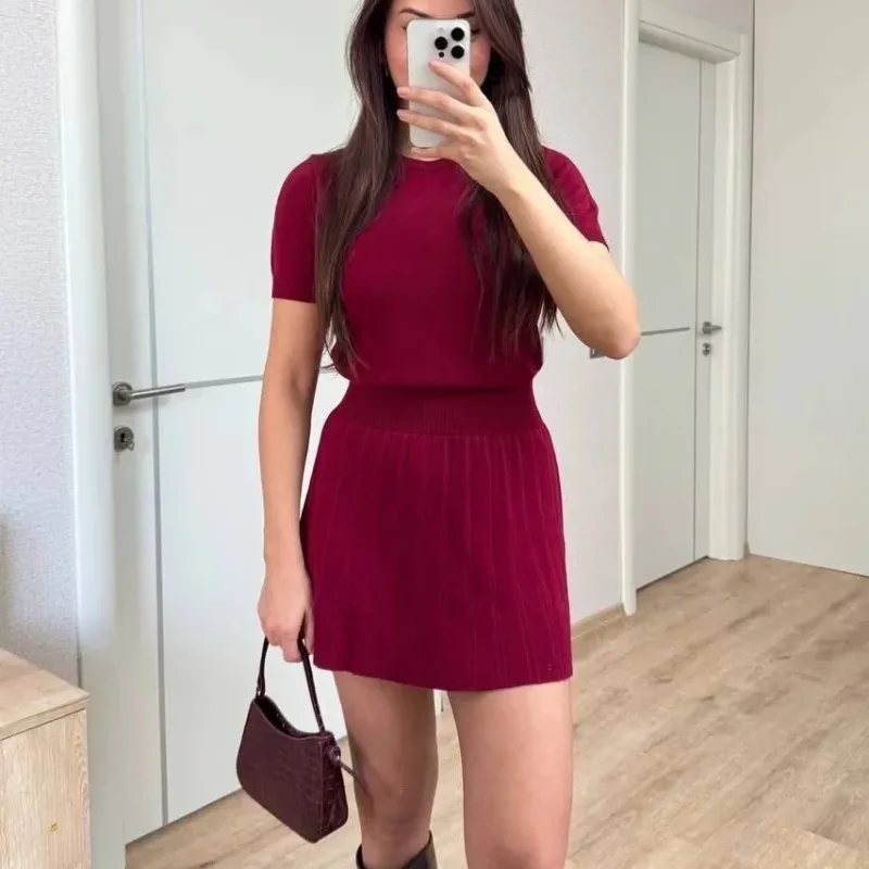 Femeie Visiniu Tricou Maneca Scurta Bluză Fusta Mini Set