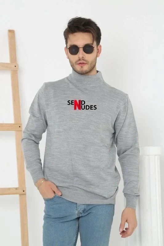 Férfi szürke oversized félgolf nyakú nyomott trikó pulóver