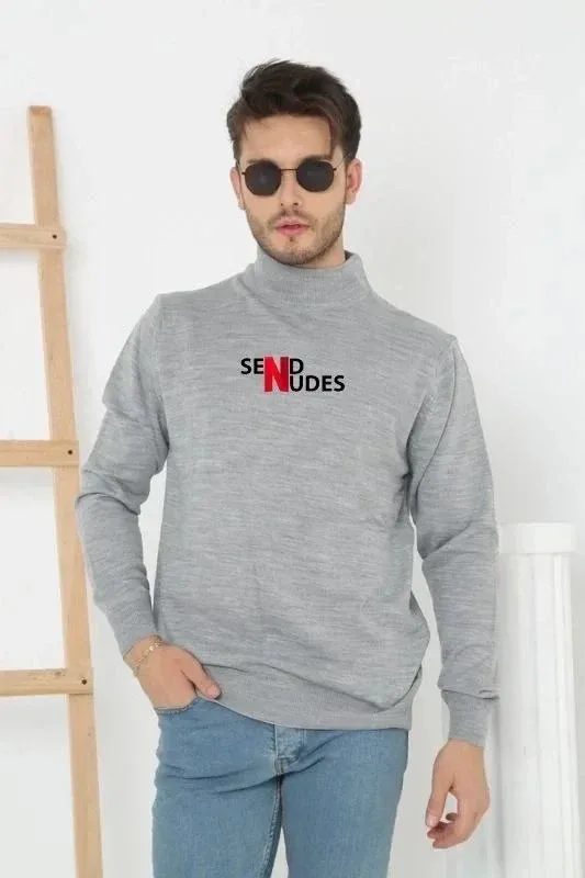 Férfi szürke oversized félgolf nyakú nyomott trikó pulóver 1