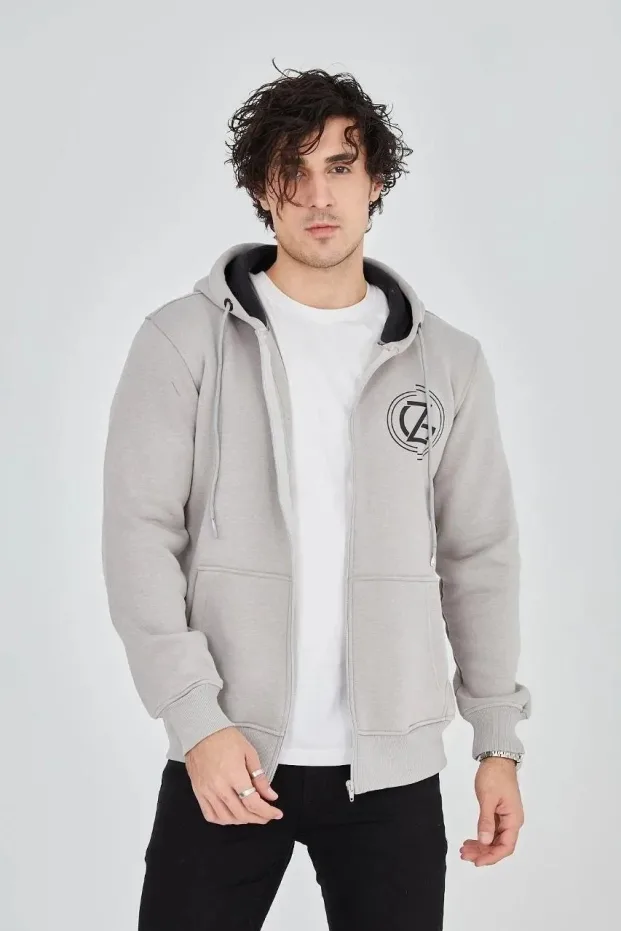 Erkek Boyalı Gri 3 İplik Pamuklu Fermuarlı Kapüşonlu Baskılı Hoodie 6