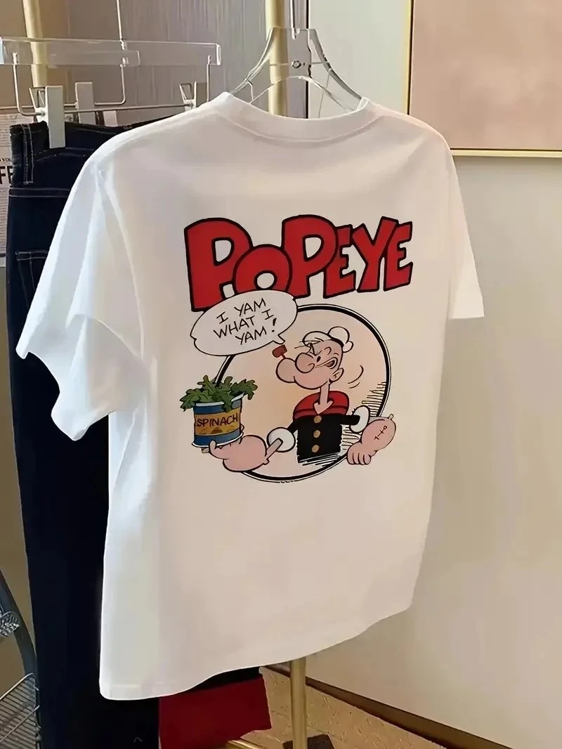 Pánske biele oversize tričko s potlačou Popeye, krátky rukáv