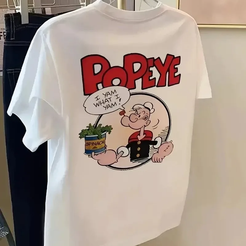Bărbatul Tricou Alb Oversize cu Imprimeu Popeye, Mânecă Scurtă
