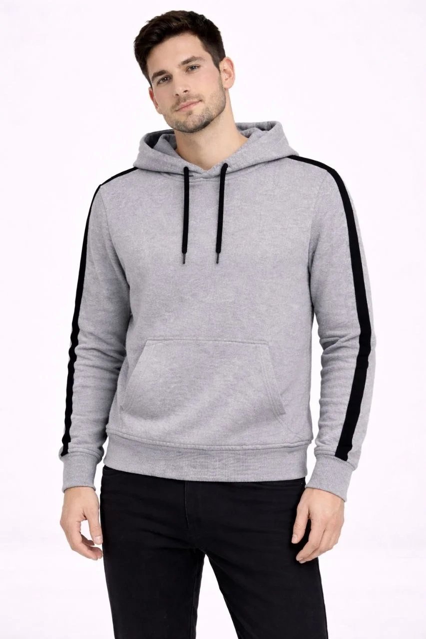 Muški sivi oversize 3-nitni pamučni kapuljačasti sweatshirt s prugama 3