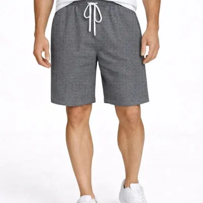 Men's Smoky Gray Gingham Elastic Waist Drawstring Pockets Summer Shorts 2