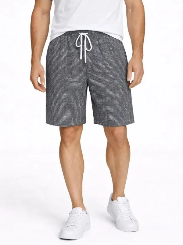 Men's Smoky Gray Gingham Elastic Waist Drawstring Pockets Summer Shorts 2