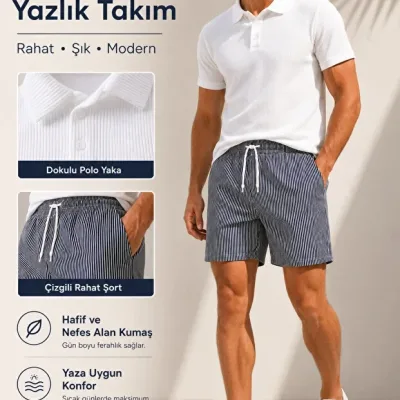 Erkek 2'li Yazlık Takım Dokulu Polo Yaka Tişört ve Çizgili Rahat Şort 2