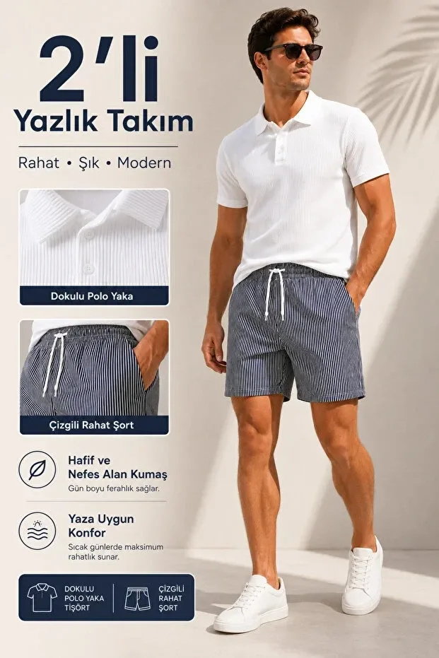 Erkek 2'li Yazlık Takım Dokulu Polo Yaka Tişört ve Çizgili Rahat Şort 2