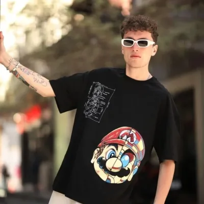 Tîşorta Reş a Oversize ya Bisîkletê ya Çapkirî ya Mario 2
