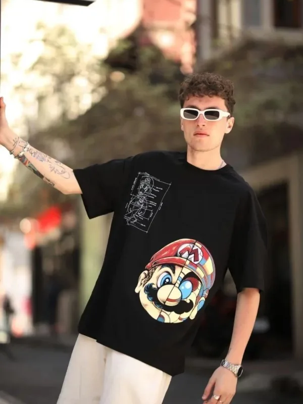 Tîşorta Reş a Oversize ya Bisîkletê ya Çapkirî ya Mario 2