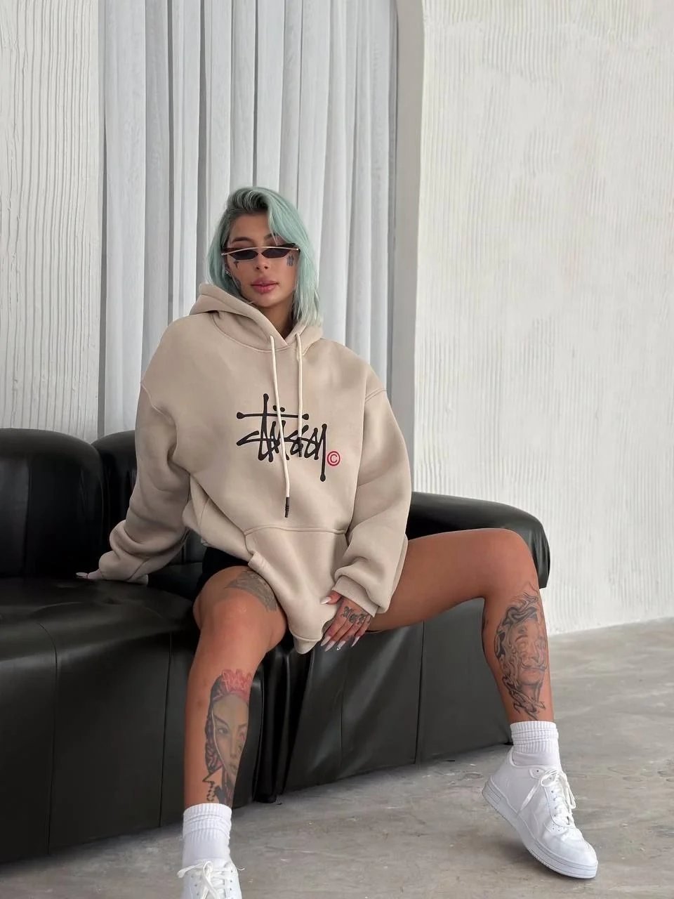 Femeie Bej Oversize Glugă Imprimat 3 Fire Bumbac Sweatshirt 1