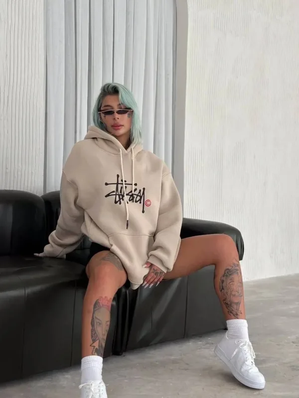 Női Bézs Oversize Kapucnis Nyomott 3 Szálas Pamut Sweatshirt 1