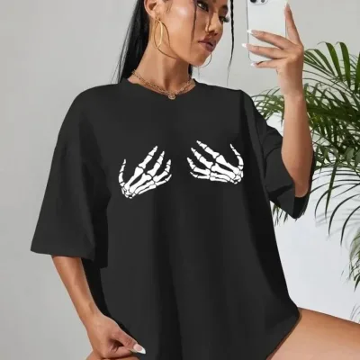 Γυναικείο Μαύρο Oversize Ποδηλατόλαιμο Τυπωμένο Μπλουζάκι 3