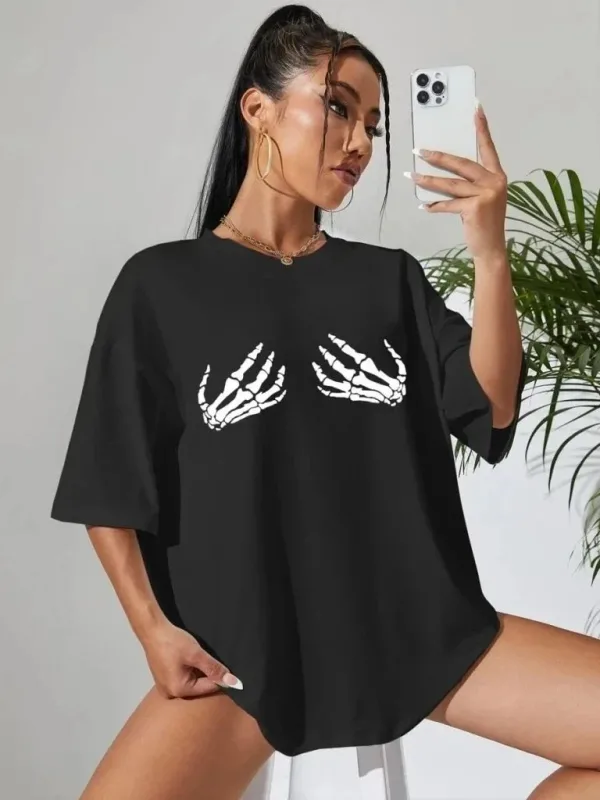 Γυναικείο Μαύρο Oversize Ποδηλατόλαιμο Τυπωμένο Μπλουζάκι 3