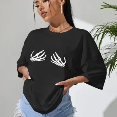 Γυναικείο Μαύρο Oversize Ποδηλατόλαιμο Τυπωμένο Μπλουζάκι 2