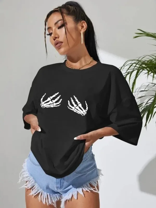 Γυναικείο Μαύρο Oversize Ποδηλατόλαιμο Τυπωμένο Μπλουζάκι 2