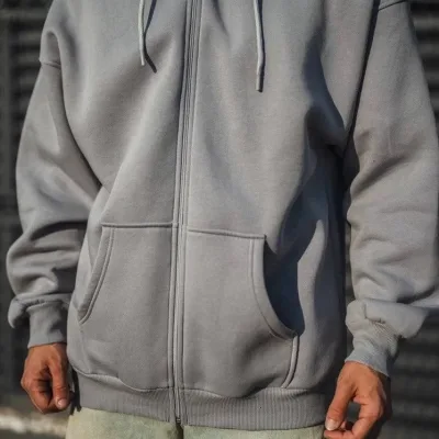 Men's Gray Full Zip Hooded 3-Thread Cotton Sweatshirt 3