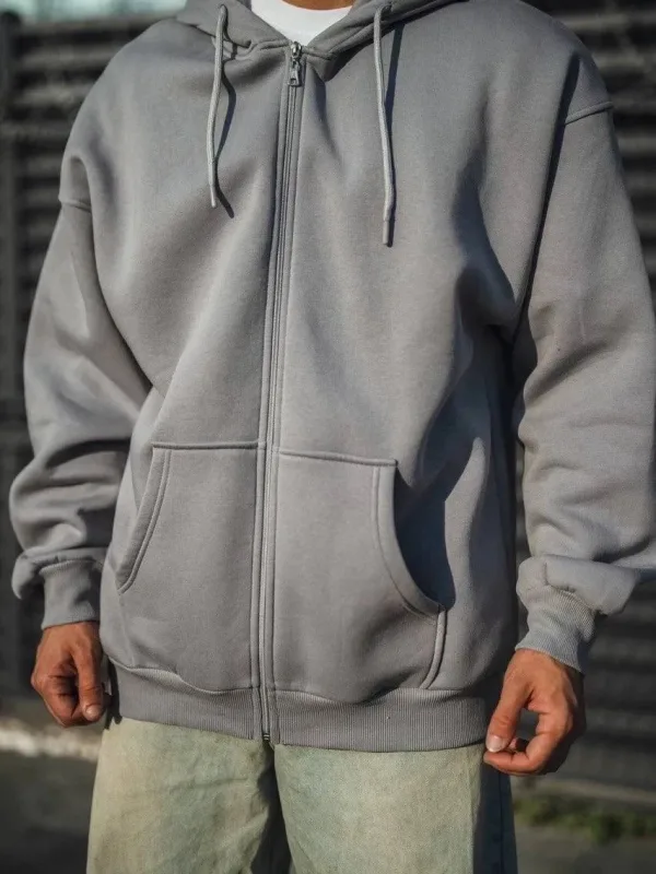 Men's Gray Full Zip Hooded 3-Thread Cotton Sweatshirt 3
