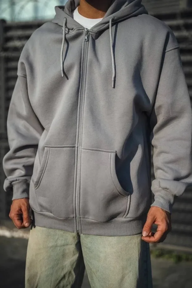 Erkek Gri Tam Fermuarlı Kapüşonlu 3 İplik Pamuklu Sweatshirt 3