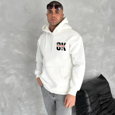 Bărbați Alb 3 Fire Bumbac Glugă Imprimat Cangur Buzunar Sweatshirt 1