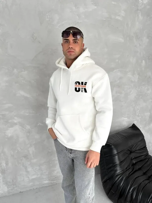 Bărbați Alb 3 Fire Bumbac Glugă Imprimat Cangur Buzunar Sweatshirt 1