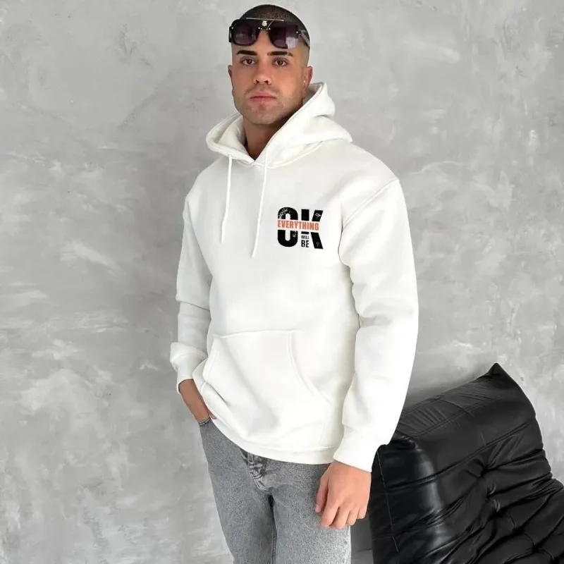 Bărbați Alb 3 Fire Bumbac Glugă Imprimat Cangur Buzunar Sweatshirt