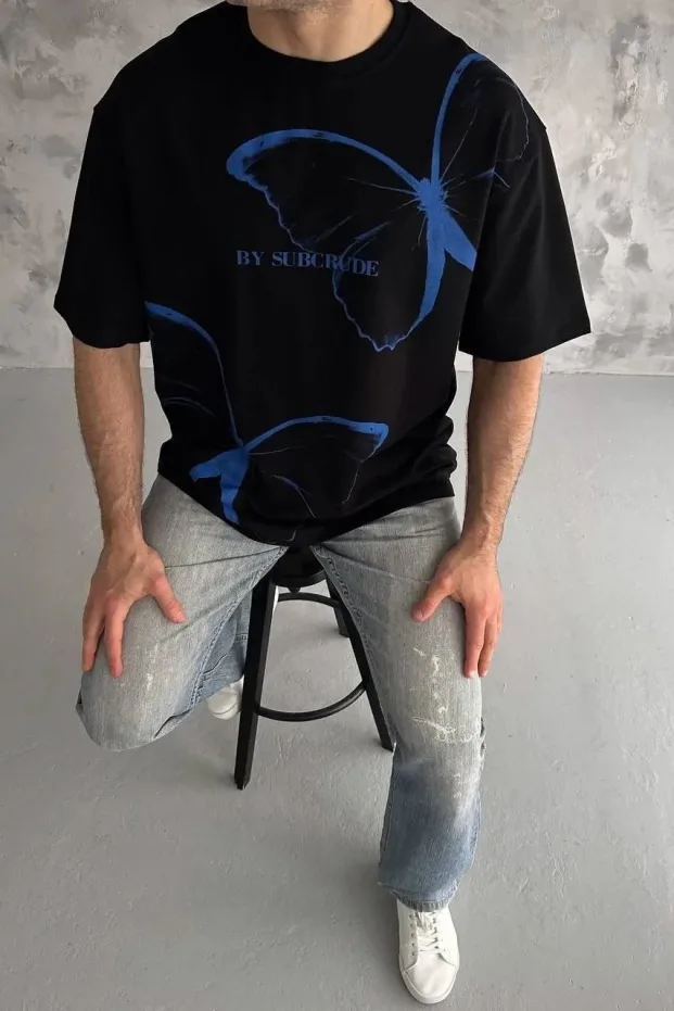 Bărbat Negru Oversize Guler Bicicletă Imprimat Tricou 3