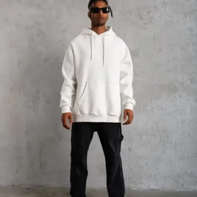 Pánské bílé oversized 3-nitné bavlněné mikiny s kapucí a kapsami 3