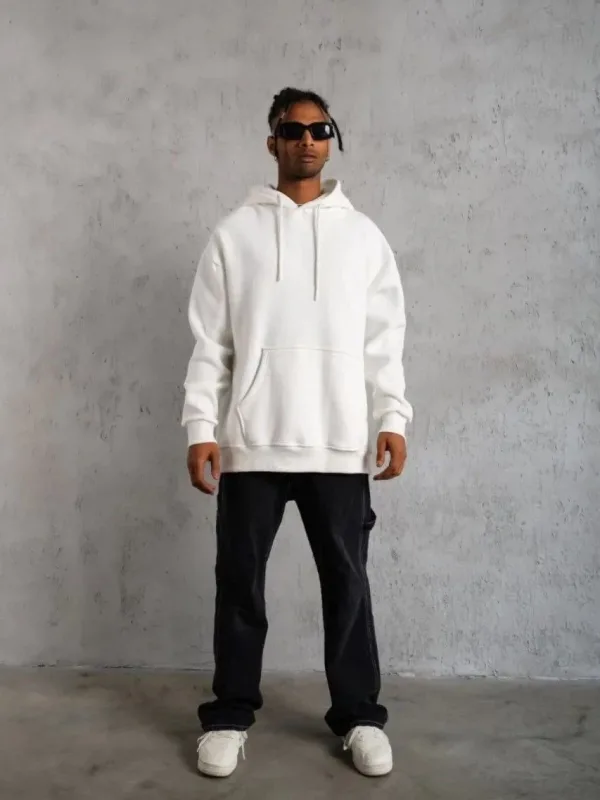 Pánské bílé oversized 3-nitné bavlněné mikiny s kapucí a kapsami 3