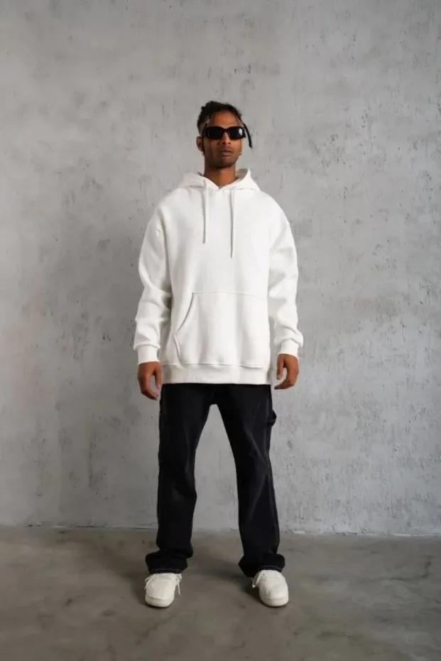 Pánské bílé oversized 3-nitné bavlněné mikiny s kapucí a kapsami 3