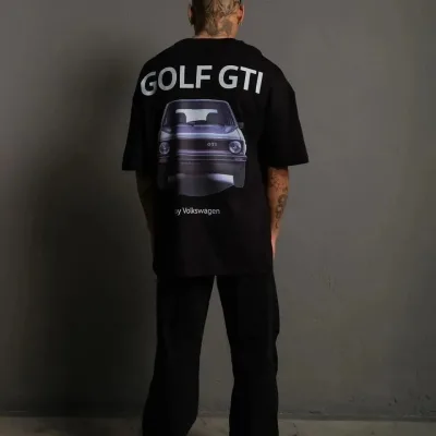 Pánske čierne oversize retro auto potlač tričko 2