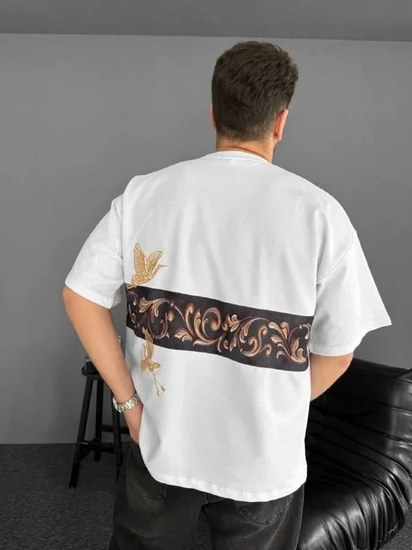 Férfi Fehér Oversize Kerékpár Nyakú Elülső-Hátsó Nyomott Póló