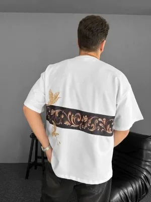 Férfi Fehér Oversize Kerékpár Nyakú Elülső-Hátsó Nyomott Póló