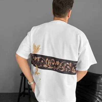 Férfi Fehér Oversize Kerékpár Nyakú Elülső-Hátsó Nyomott Póló 1