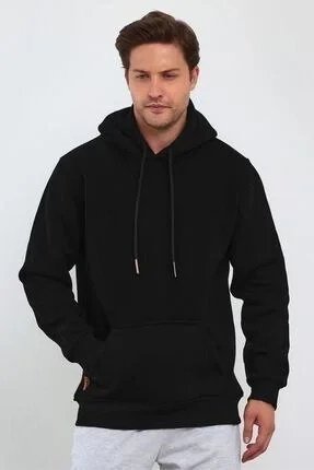 Férfi Fekete Oversize 3 Szálas Pamut Kapucnis Zsebes Sweatshirt 1