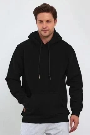 Men's Black Oversize 3-Thread Cotton Hooded Pocket Sweatshirt