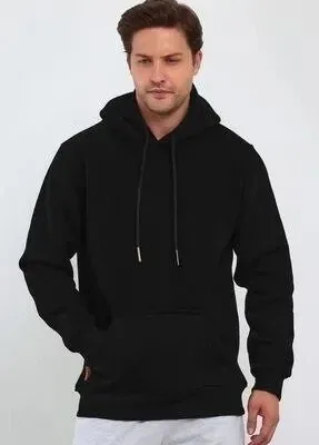 Men's Black Oversize 3-Thread Cotton Hooded Pocket Sweatshirt