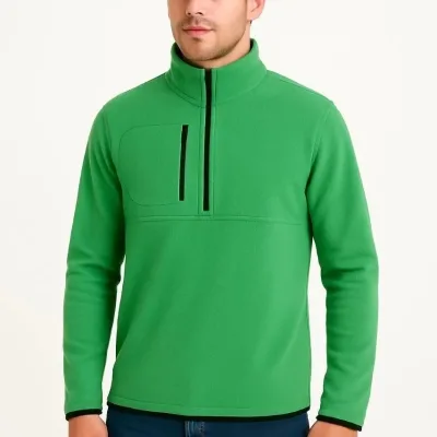 Men's Green Polar Stand Collar Half Zip Chest Pocket Sweater 2