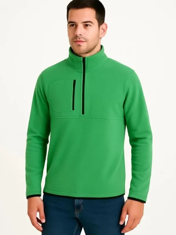 Men's Green Polar Stand Collar Half Zip Chest Pocket Sweater 2