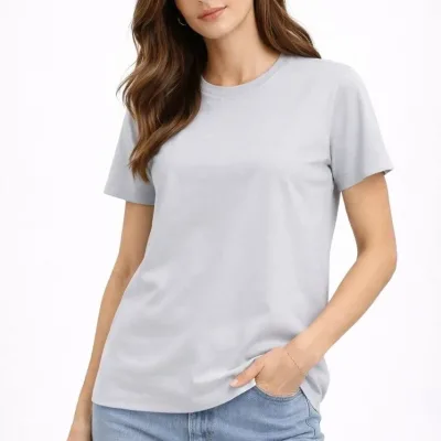 Women's Gray Regular Scoop Neck Short Sleeve Plain T-Shirt 5