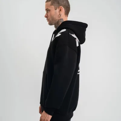 Muški crni oversize 3-nitni pamučni kapuljač s printom i džepovima, sweatshirt 5