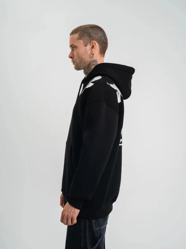 Muški crni oversize 3-nitni pamučni kapuljač s printom i džepovima, sweatshirt 5