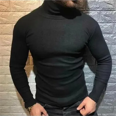 Men's Black Stretch Ribbed Turtleneck Scoop Neck Bodysuit Sweater 2