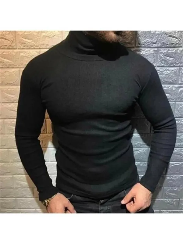 Men's Black Stretch Ribbed Turtleneck Scoop Neck Bodysuit Sweater 2