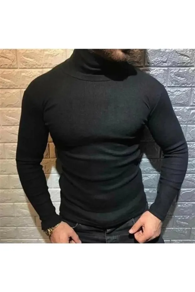 Férfi fekete elasztános bordázott garbós body pulóver 2