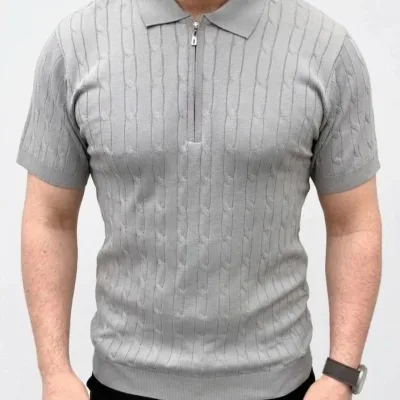 Men's Gray Braided Knit Short Sleeve Zippered Polo T-Shirt 4