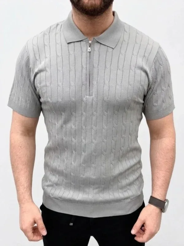 Men's Gray Braided Knit Short Sleeve Zippered Polo T-Shirt 4