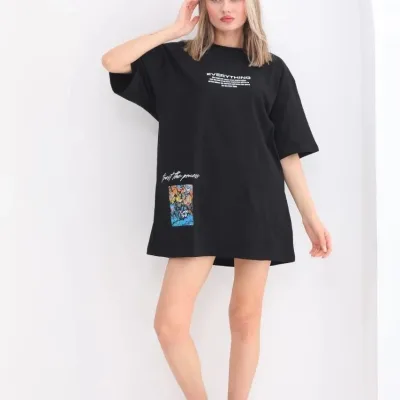 Women's Black Oversize Crew Neck Printed T-Shirt 5