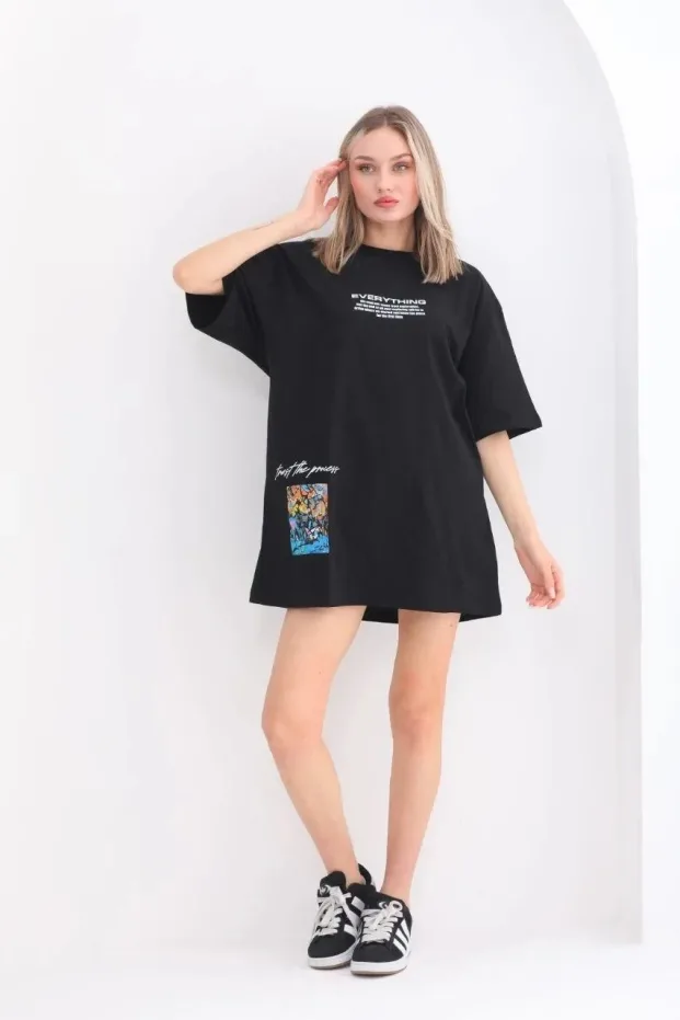 Femeie Neagră Oversize Guler Bicicletă Tricou Imprimat 5