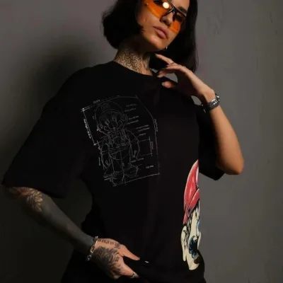 Ženska crna oversize bicikli kragna Mario print majica 2