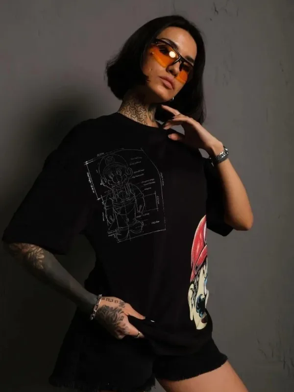 Ženska crna oversize bicikli kragna Mario print majica 2